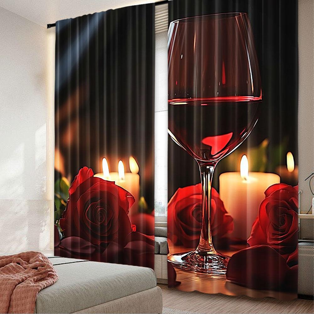 

Set Of 2 Red Rose Wine Glass Candle Curtains Fashion Suitable Bedroom Living Room Dorm Curtain Polyester Ideal For Great W100*H70(CM)-Hooks&1PCS