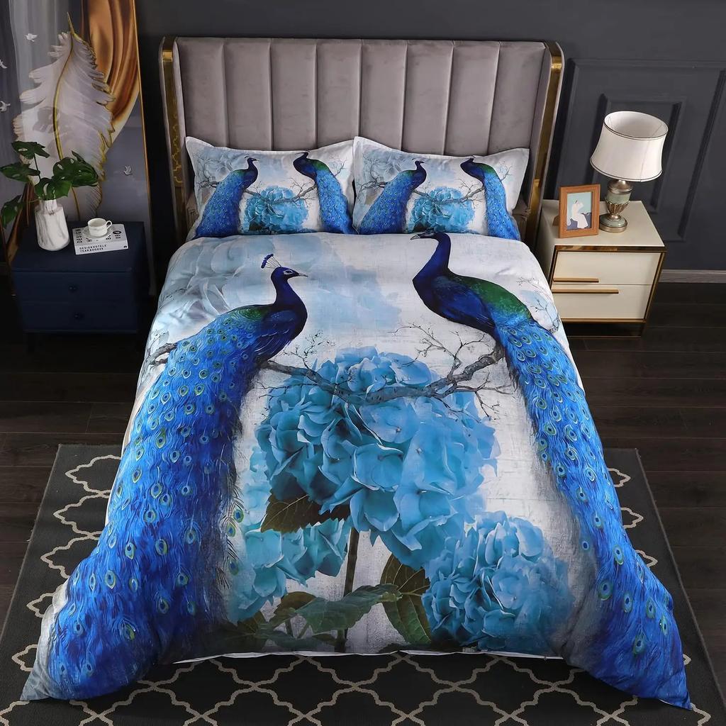 Peacock Feather Printed Decor Peacock Duvet Cover King Size Pretty Animal Pattern Bedding Set with Pillowcase for Girl Kid Adult