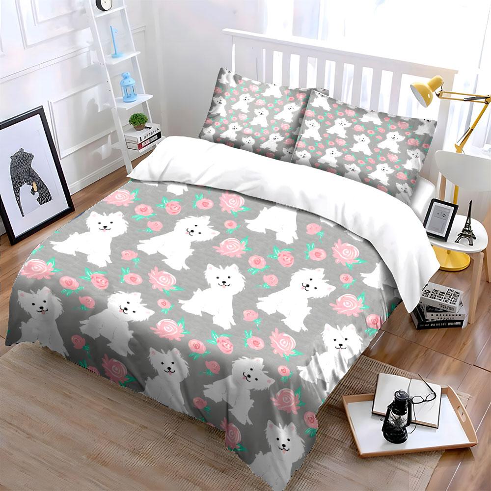 Cute Dog Floral Pattern Decor Soft Skin-Friendly Bedding Set Includes 1 Duvet Cover And 2 Pillowcase Gift
