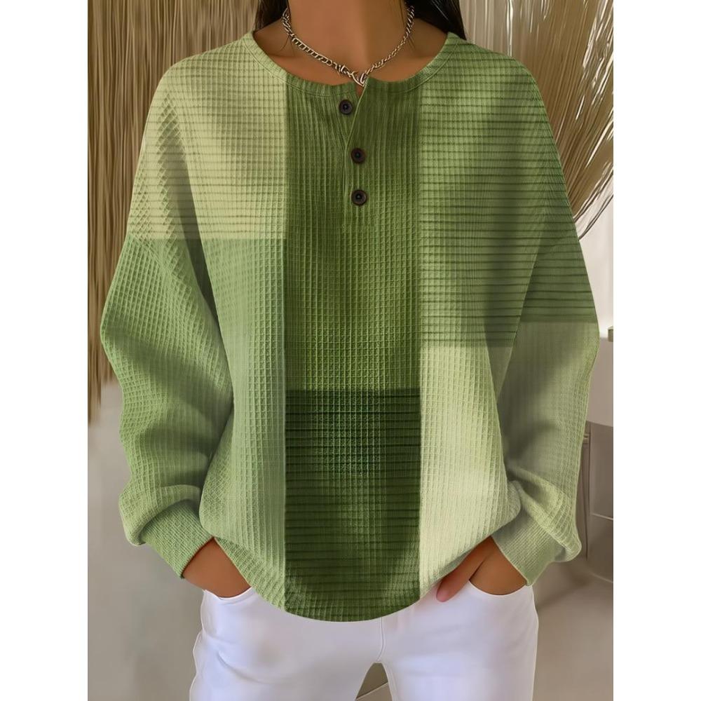 Women's Crew Neck Three‑Button Placket Color‑Block Striped Waffle Knit Loose Long Sleeve Top