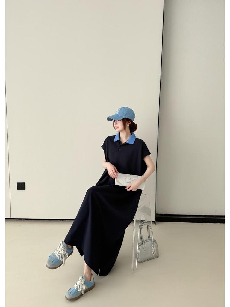 Summer Loose Cotton Polo Collar Dress - Elegant Casual Long Skirt