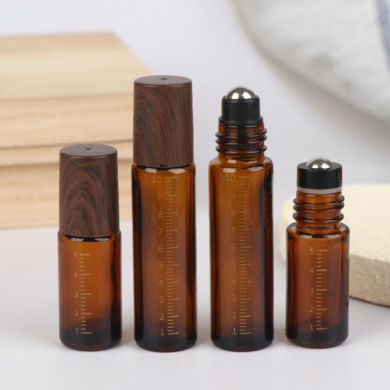 5ml 10ml Bursztynowe Przezroczyste Szklane Butelki Roll-on Plastikowa Nakrętka Imitująca Drewno Próbne Buteleczki z Kulka do Olejków Eterycznych Perfum