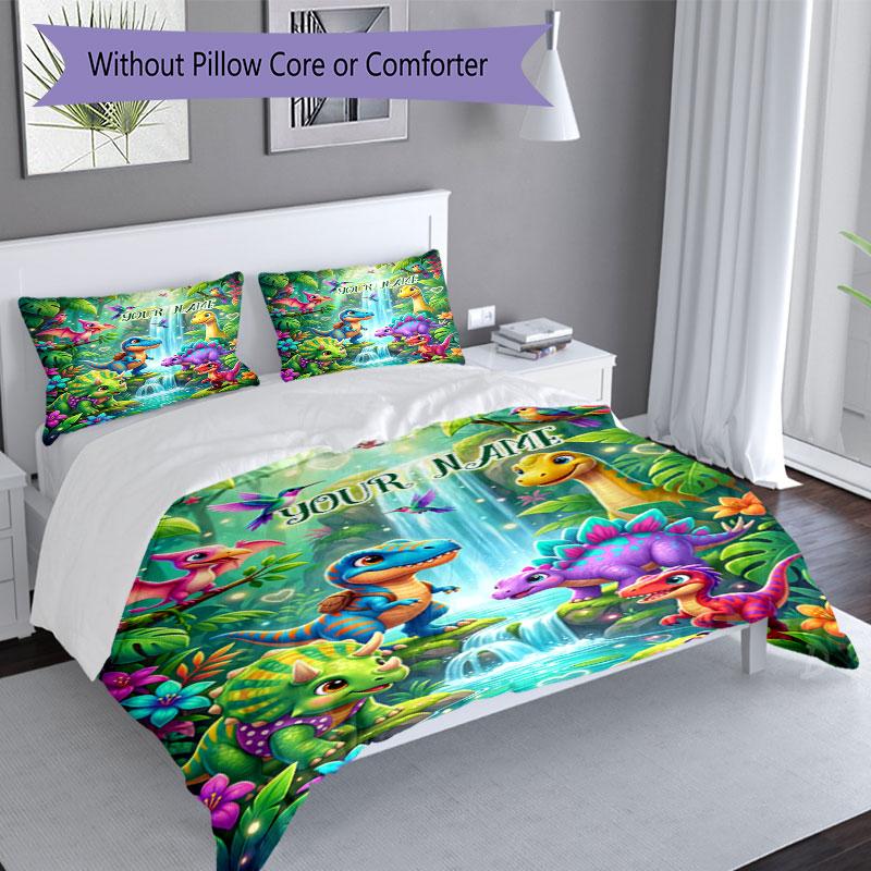3PC Custom Name Dinosaur Fantasy World Bedding Set Duvet Cover Closure Includes 1 Duvet Cover & 2 Pillowcases for Bedroom