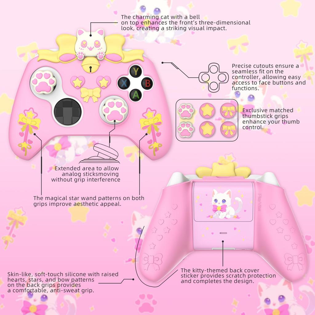 PlayVital Sweetheart Kitty Silicone Cover for Xbox Series Includes Thumb Grips and Cute Grip Cover X/S Controllers, Stickers, Design, Non-Slip [Pink]