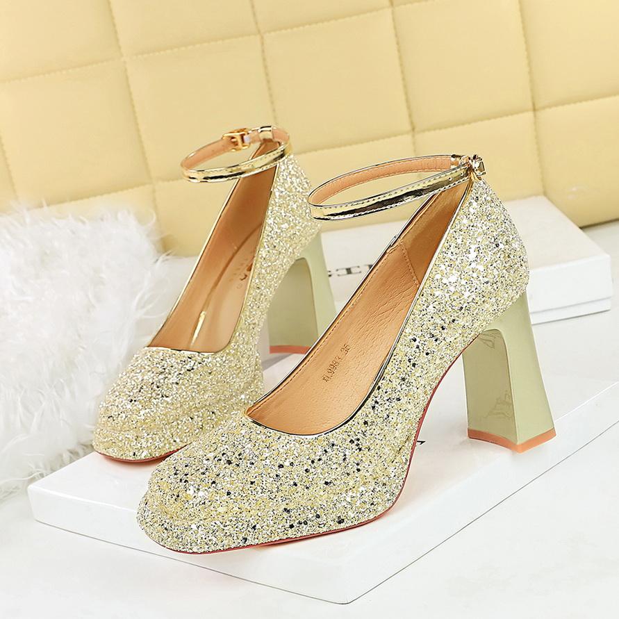 Women's Shoes with Thick Heels, High Heels, Waterproof Platform, Shallow Mouth, Square Toe, Sequins, Straight Strap, Single Shoe
