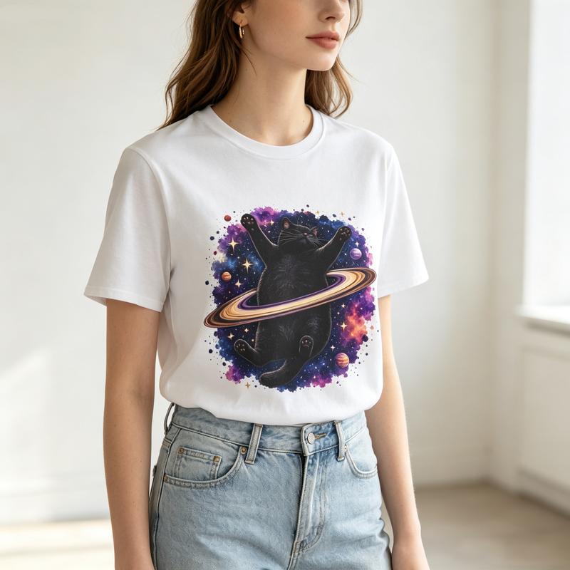 Space Black Cat Graphic T Shirt Galaxy Saturn Cat Print Unisexs Unisexs Cotton Crew Neck Casual Y2k Top Oversized Tee Harajuku