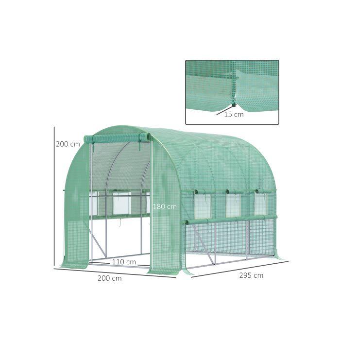 Serre Tunnel - MUVOE - 2.95x2x2m - Film PE anti-UV - Structure En Acier Inoxydable - 6 Fenêtres Enroulables