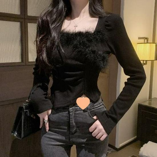 Chic French Autumn Winter Slim Fit Furry Square Neck Top for Women