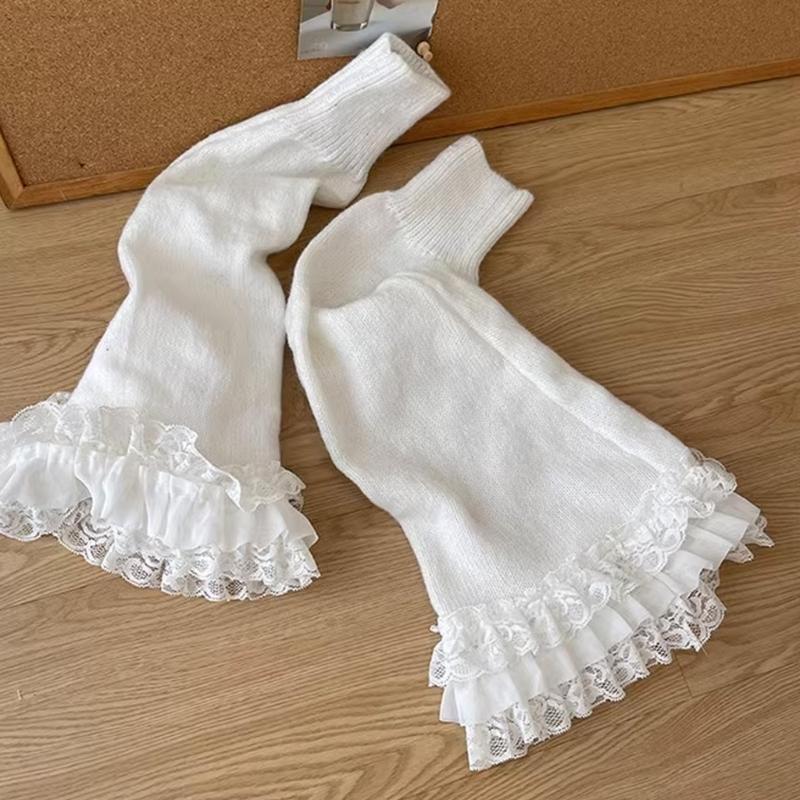 Damen Mädchen Fairycore Gestrickte Beinwärmer Ausgestellte Stiefelsocken Japanische JK Lagenlook Rüschen Spitzenbesatz Fußabdeckungen Streetwear