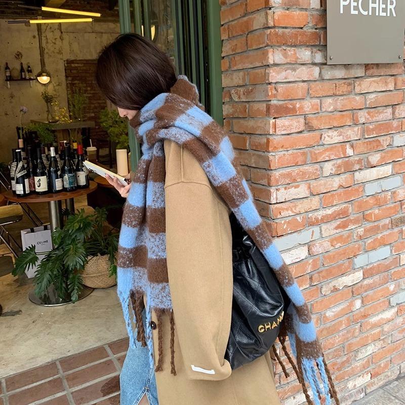 Autumn and winter new blue plaid scarf women's winter warm thickened versatile fringed scarf student shawl