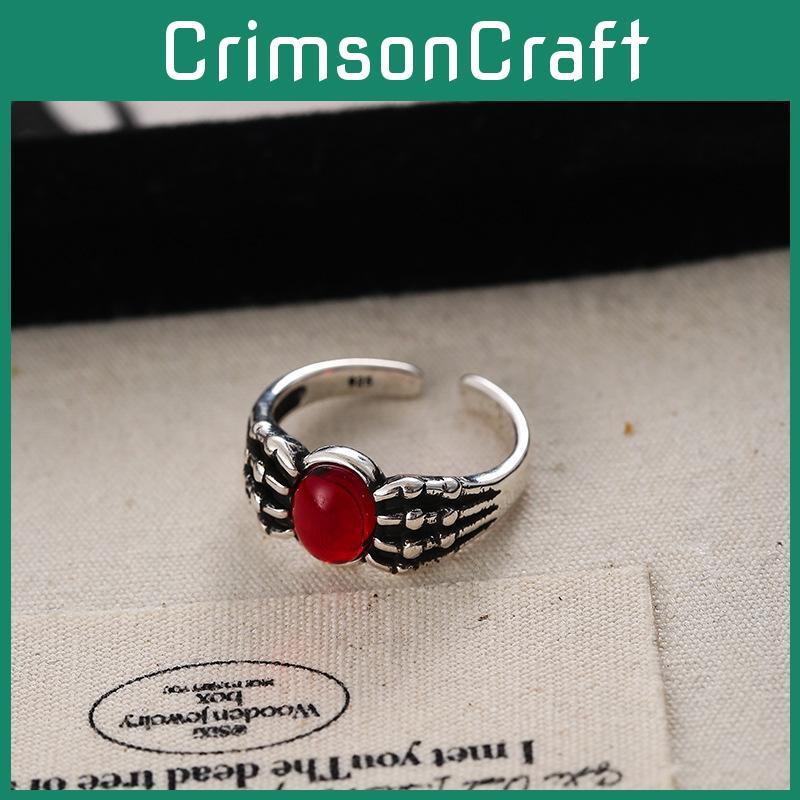 Elegant Retro Distressed Skull Red Gem Ring For Women Unique Fashion Accessory