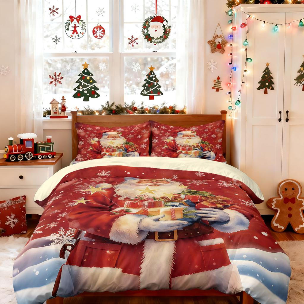 3Pcs Santa Claus Gift Printed Coreless Duvet Cover Set, Multi Size Bedroom Bedding, Holiday Decoration, Machine Washable