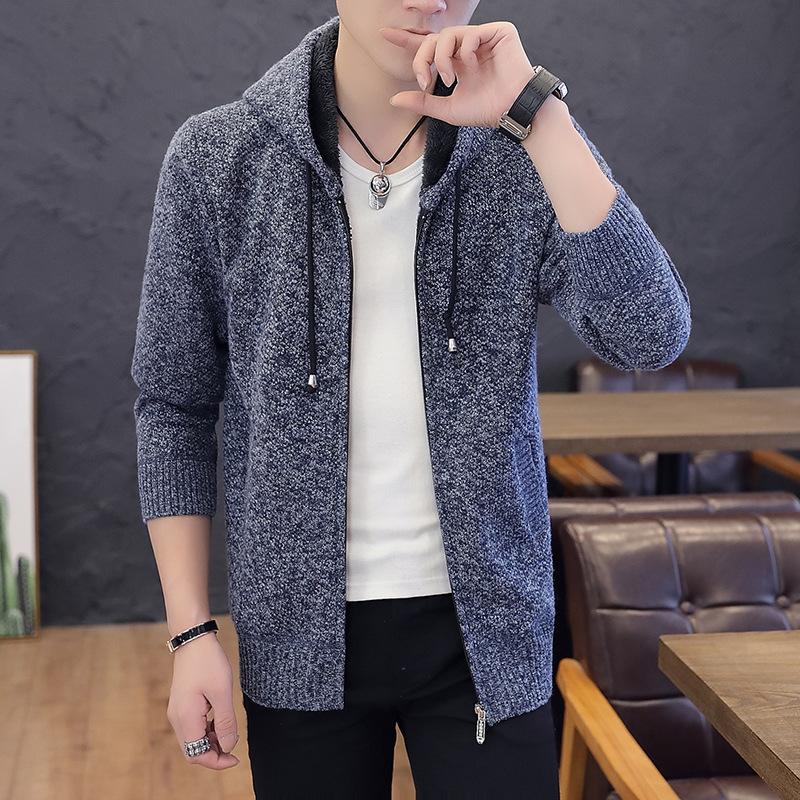 

Весенне-осенняя мода мужская повседневная вязаная куртка с капюшоном универсальная вязаная куртка-свитер кардиган верхняя одежда M синий