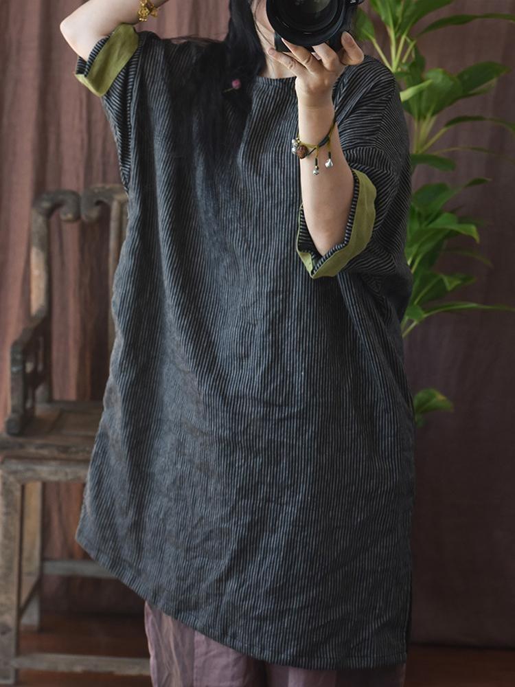 Vintage Linen Striped Blouse Women Summer Chinese Style Half Sleeve Loose Button Shirt Top