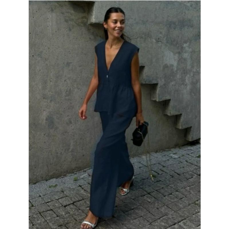 Women's V-Neck Solid Colour Sleeveless Top Vest Trousers Set