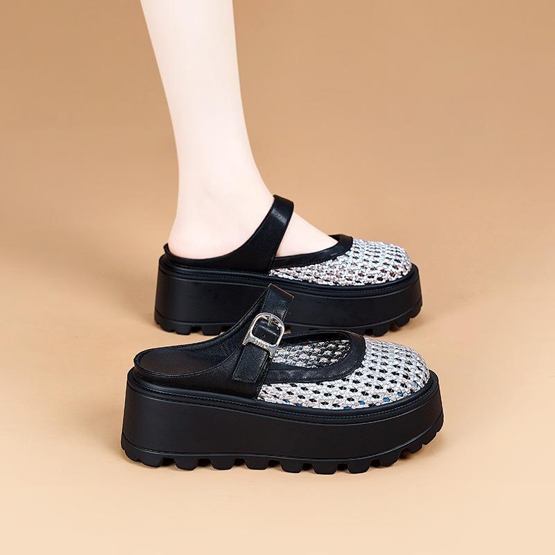 Muffin Bottom Woven Empty White Shoes Women's Bag Head Slippers New Fashionable Thick Sole Height Increase Lazy Pedal