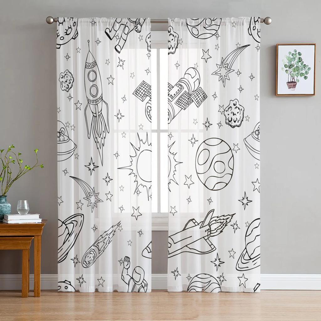 Astronaut Space Moon Tulle Curtains For Living Room Bedroom Kitchen Decoration Chiffon Sheer Voile Window Curtains Custom Drape