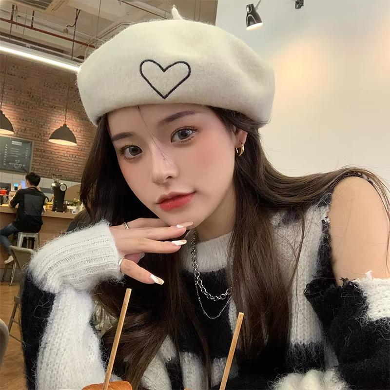 Winter Wool Beret Hat for Women Lady Love Heart Embroidery Warm Pumpkin Hats Ins Korean Girl Y2K Artist Painter Octagonal Caps