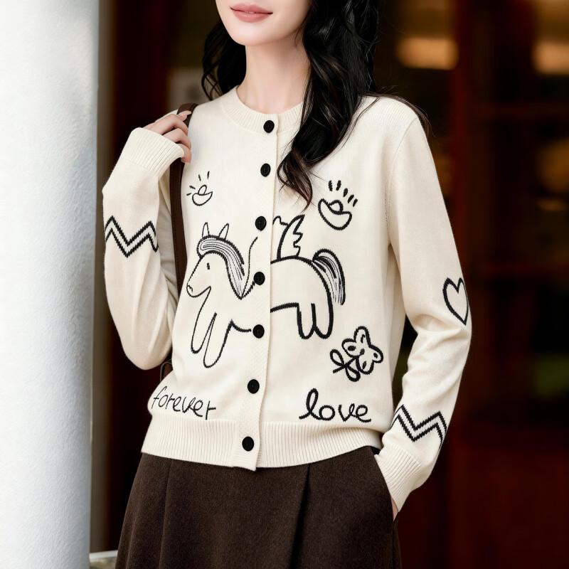 Basic House Women's Fortune Horse Jacquard Embroidered Merino Blend Cardigan