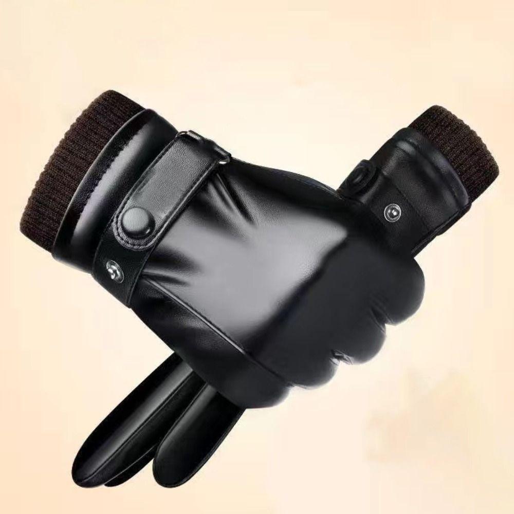 Men's PU Leather Gloves Keep Warm Motorcycle Full Finger Mittens  Man