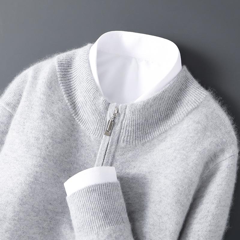 Men's 12-Gauge Zipper Sweater with Half-High Collar - Versatile Knitwear for Autumn/Winter Commute