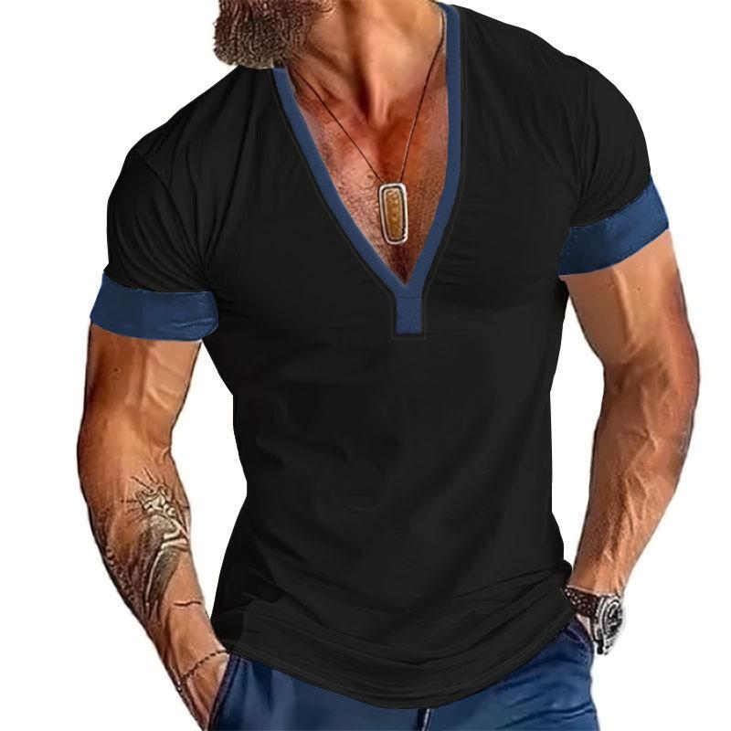 Tricou Casual de Vară cu Mânecă Scurtă pentru Bărbați cu Gât în V Mărimi Mari Patchwork