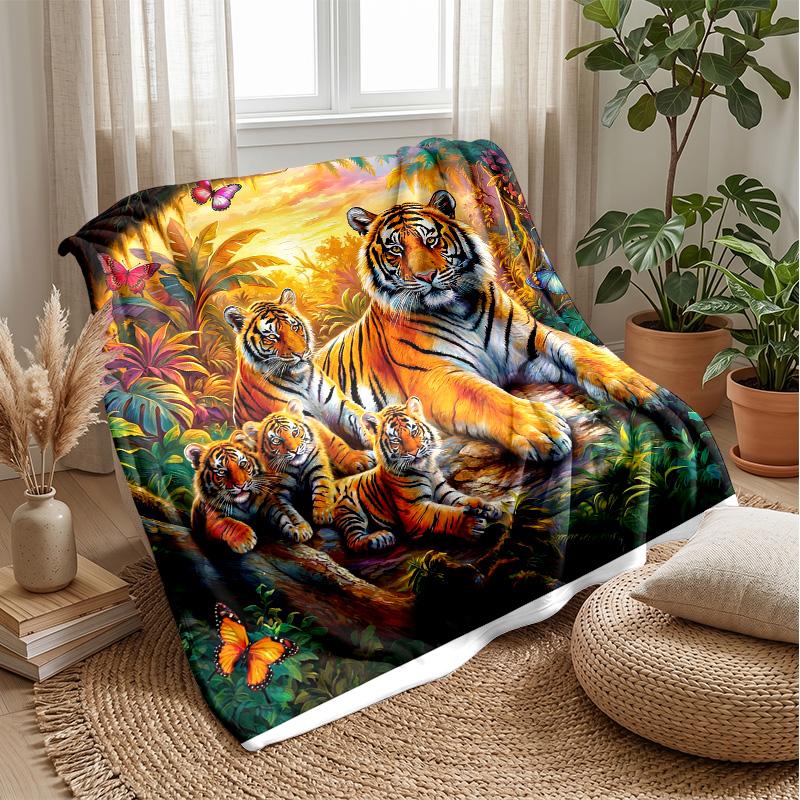 Tiger Family In Jungle 1 Theme Blanket Lightweight Warm Flannel Blanket Decorative Throw Blanket for Home Decoration