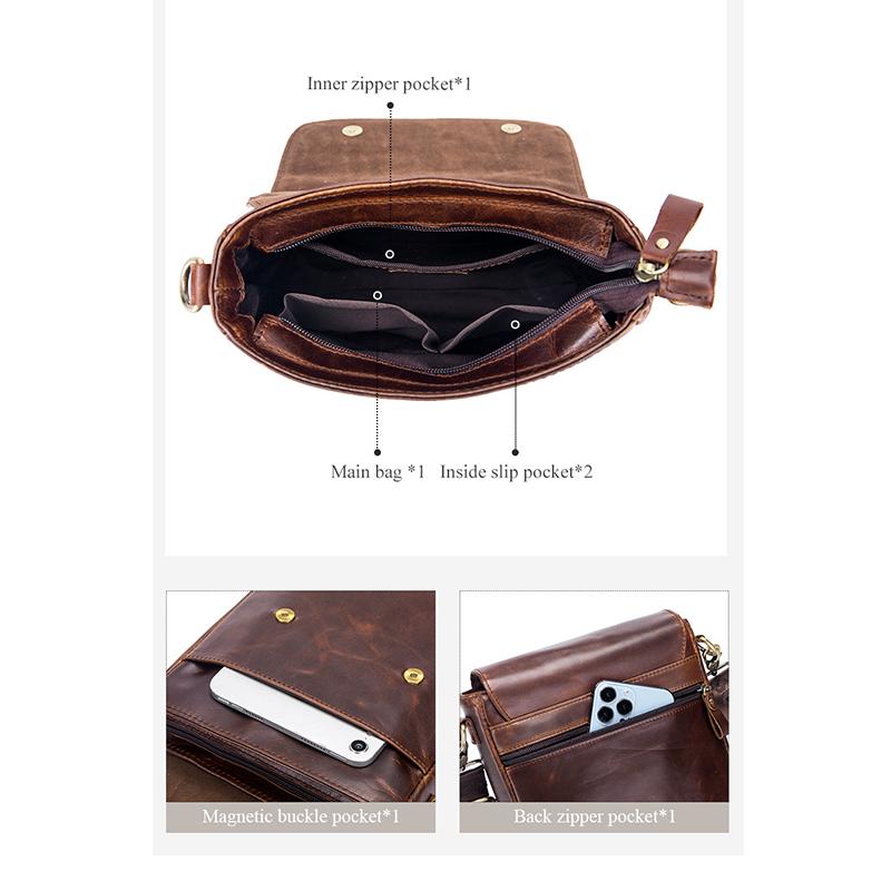High Quality Genuine Leather Shoulder Bag Men's Fashion Crossbody Bag Crazy Horse Cowhide Messenger Bag Daily Small Satchel