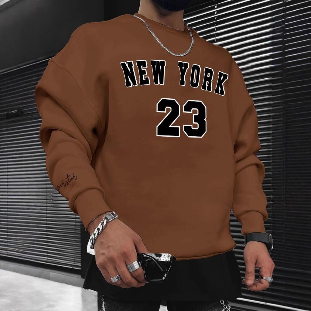 Men's Fashion Trend Casual Long Sleeve Round Neck Pullover Hoodie with Velvet Print for Winter