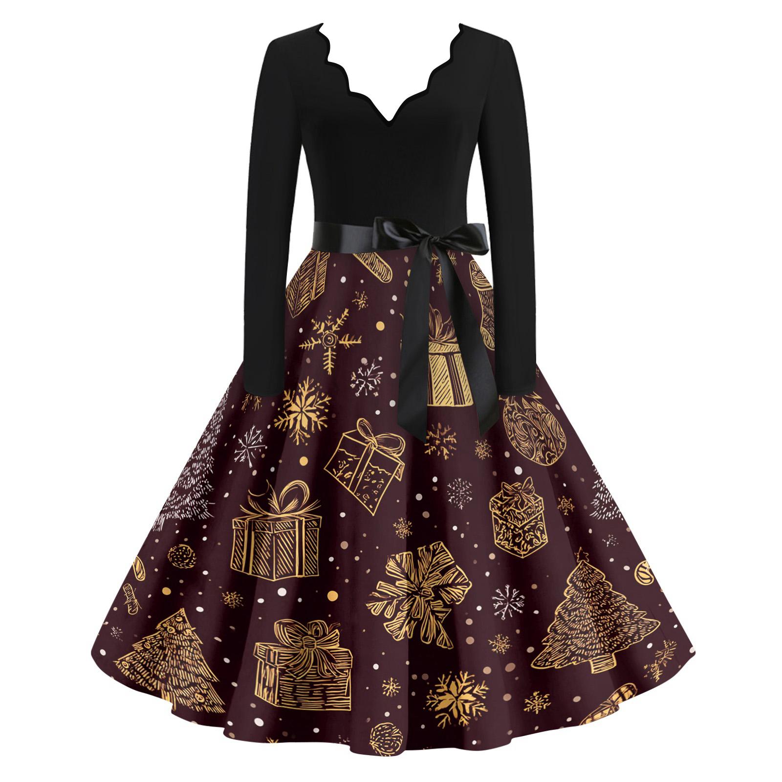 

Women s Casual Fashion V Neck Christmas Printed Vintage Dress XL