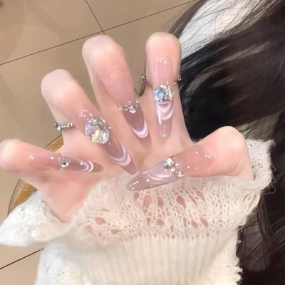 Starry Pure Purple Handmade Ice Translucent French Cat Eye Nail Tips - Elegant Skin-Brightening Design