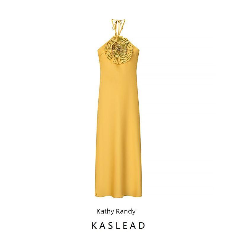 Kaslead New Women Clothes Western Style Niche Design Sense Stick-on Crystals Flower Decoration Hanging Neck Dress