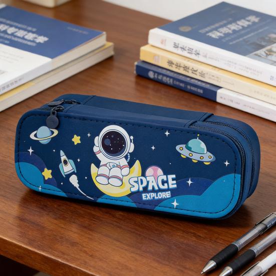Dual-Layer Pencil Case Faux Leather Cute Stationery Bag Large Capacity Portable Pen Pouch for School Office Supplies