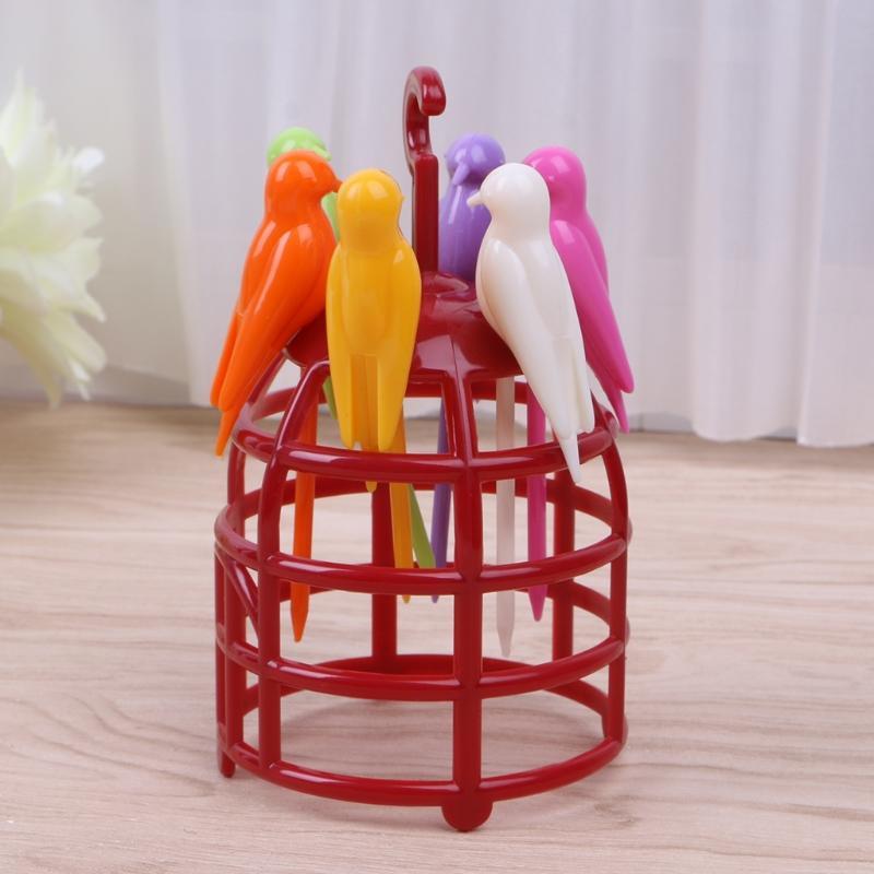 6 Pcs for Creative Birdcage Fruit Fork Toothpick Plastic Stand Holder