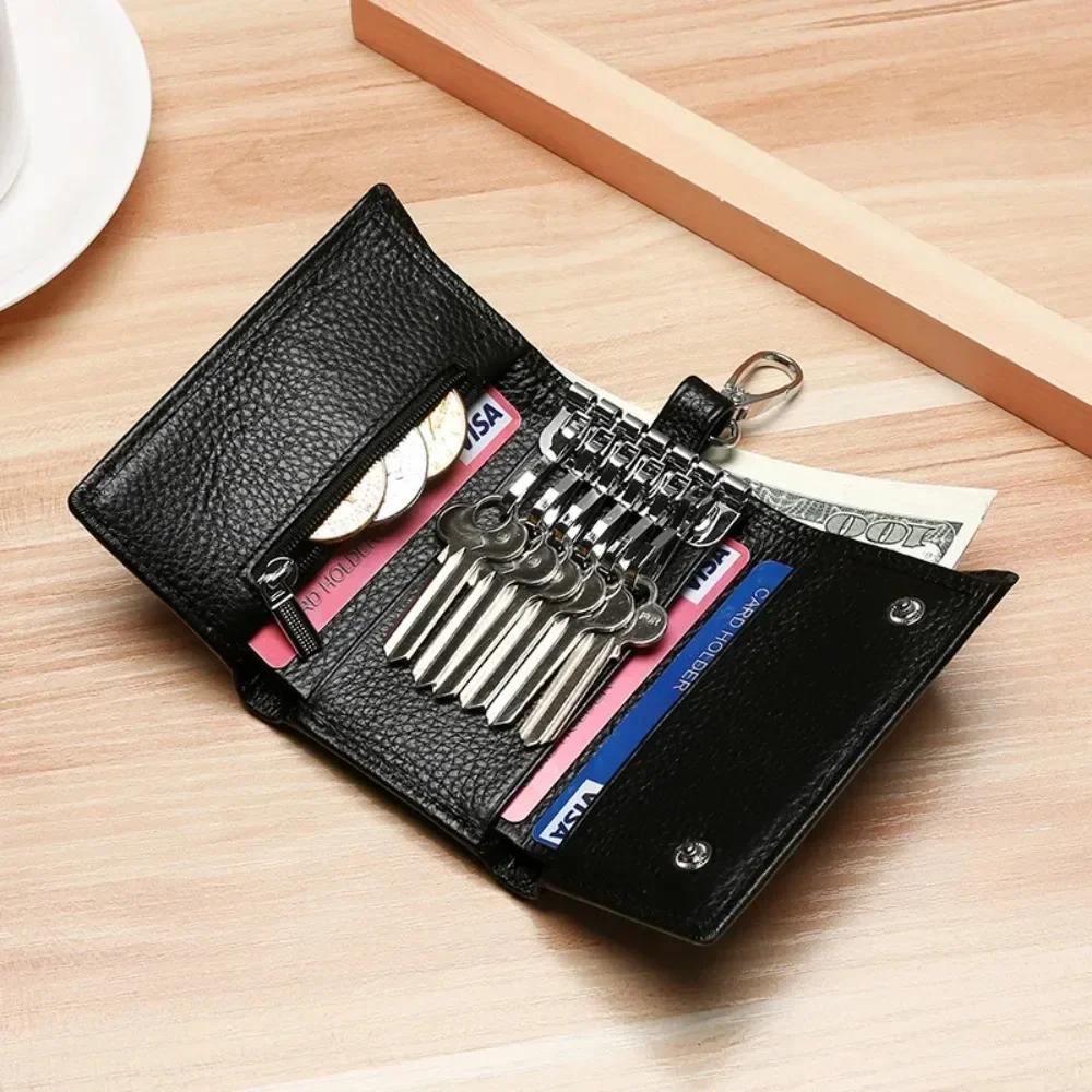 Key Holder Wallet Genuine Leather Unisex Solid Key Wallet Organizer Bag Car Housekeeper Wallet Card Holder Keychain Leather