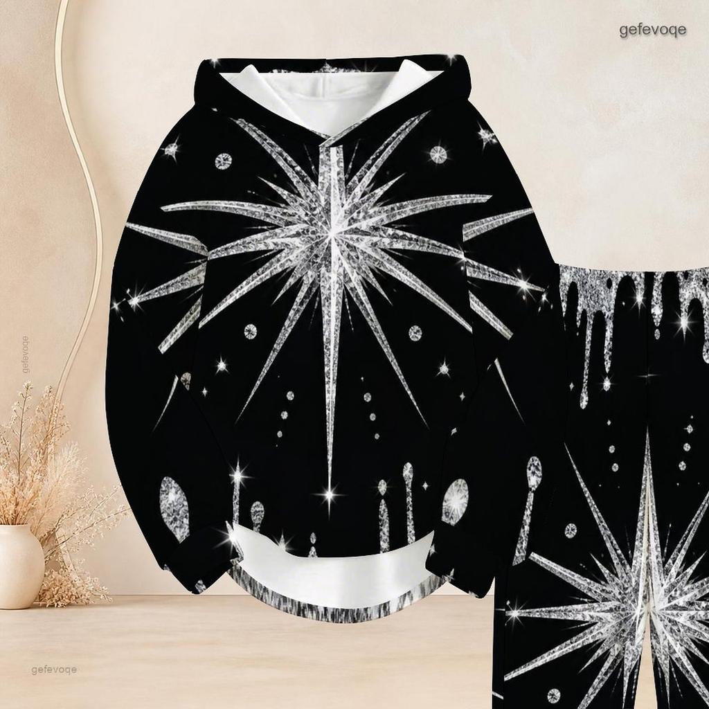 Women Plus Size Gem Heart Printed Two Piece Set Long Sleeve Hooded Top Cuffed Pants