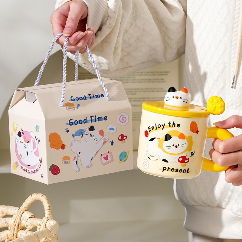 Cream cute kitten ceramic cup creative gift box ceramic mug drinking cup practical gift set
