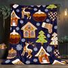 Christmas gingerbread house reindeer snowflake tree ornament pattern navy blue flannel blanket holiday home decor festive winter