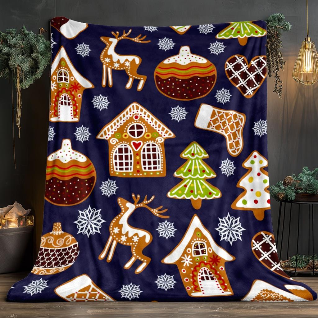 Christmas gingerbread house reindeer snowflake tree ornament pattern navy blue flannel blanket holiday home decor festive winter