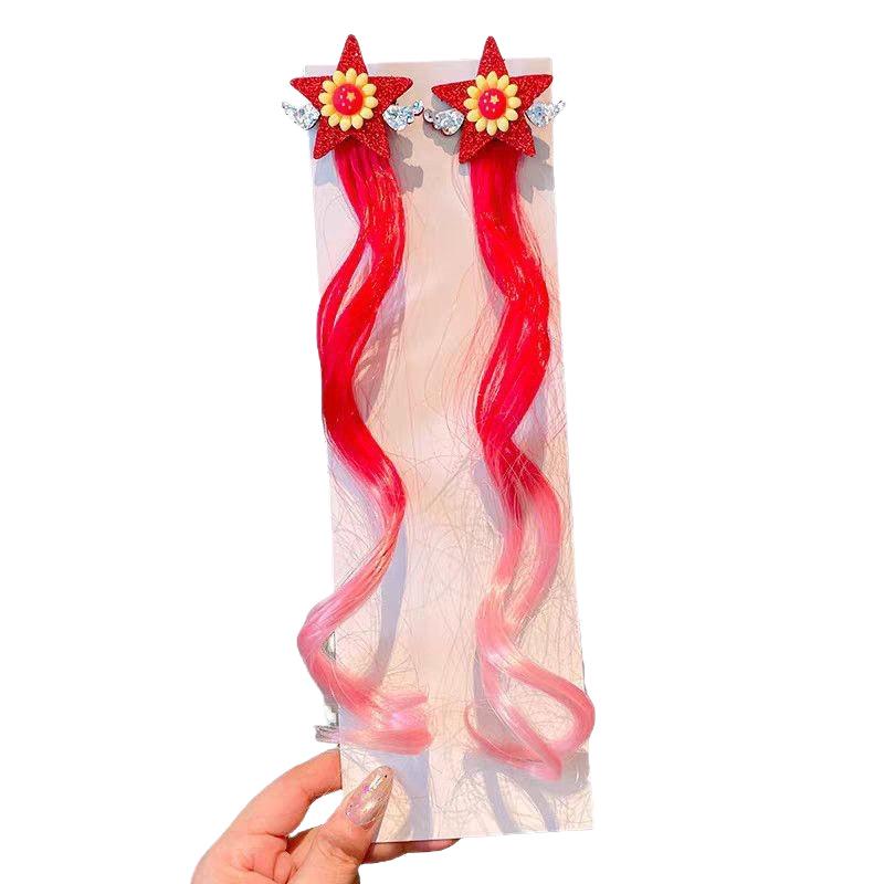 Girls' Day Out Festival Red Bow Wig Clip - Shiny Silk Braided Curly Hair Accessory