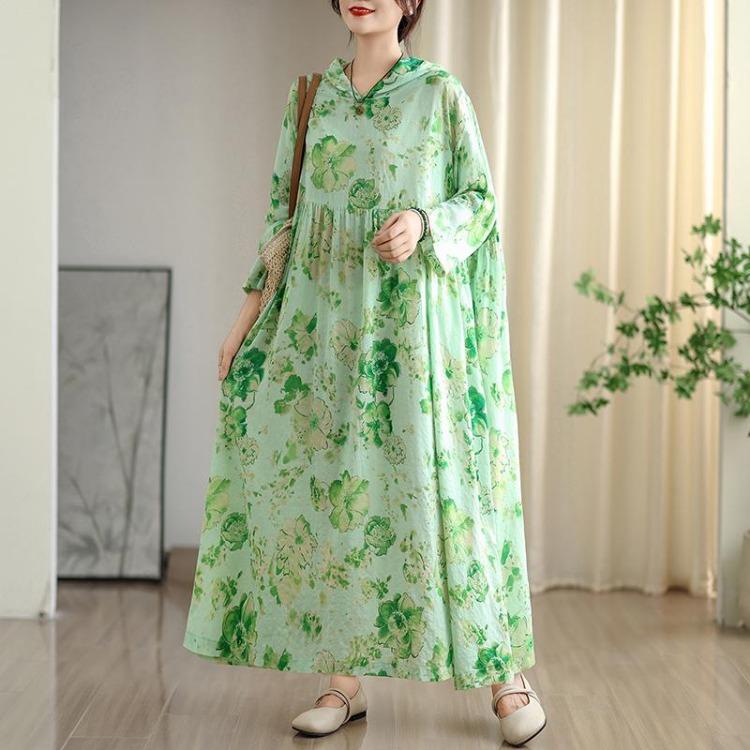 Women Plus Size Floral Print Maxi Dress Casual Loose Long Sleeve O Neck Oversize Long Hat Dress 8109