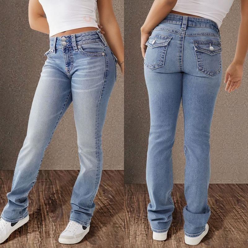 Damen Frühjahr Neue Doppelknopf Mid-Waist Straight Jeans Slim Temperament Hose