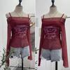 2KWEIRD Women Retro Y2K Hot Girl One Shoulder Mesh Sunscreen Cover Up Camisole Long Sleeve T-Shirt Two-piece Tops Suit Daily Outfit