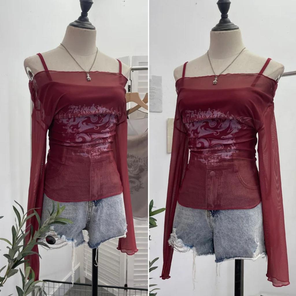 2KWEIRD Women Retro Y2K Hot Girl One Shoulder Mesh Sunscreen Cover Up Camisole Long Sleeve T-Shirt Two-piece Tops Suit Daily Outfit