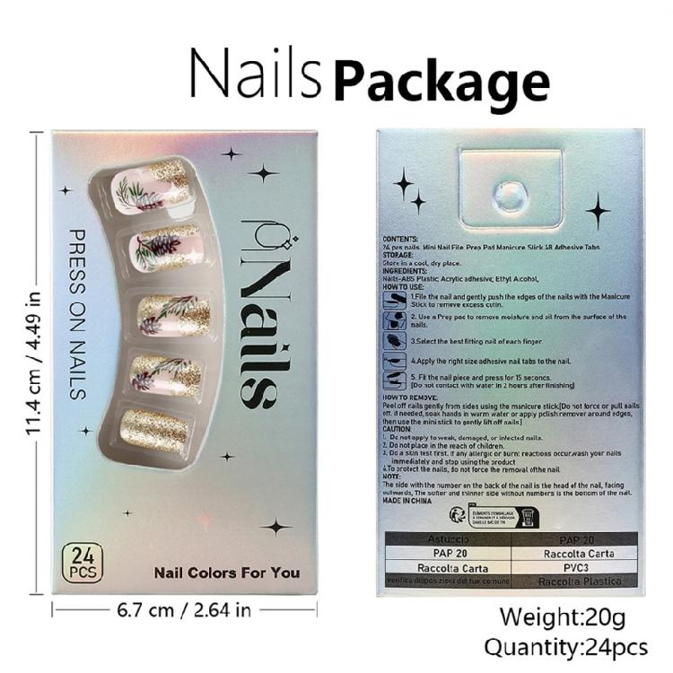 Leaves Press On Nail Short Square Artificial Nail Glittering Full Cover Stick on Nail Christmas False Nail for Woman