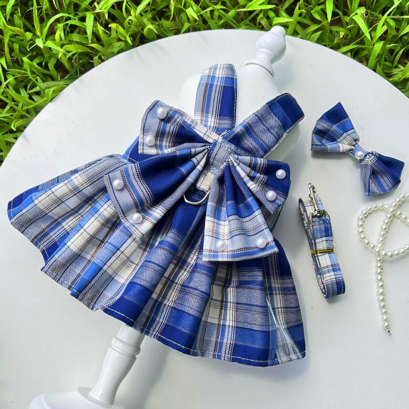 Pet JK Plaid Dress With Harness Loop Small Dogs Cats Teddy Bichon Corgi