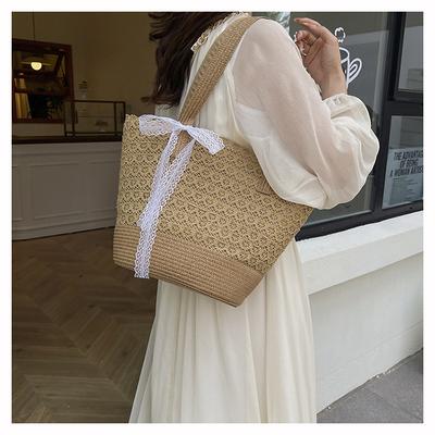 Lace Straw Bag Woven Bag Women's  Vacation Beach Bag Large Capacity Straw Shoulder Bag Oblique Span Bucket Bag