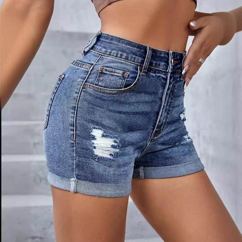 High-Waisted Ripped Denim Shorts for Women - European & American Fashion with Rolled Cuffs