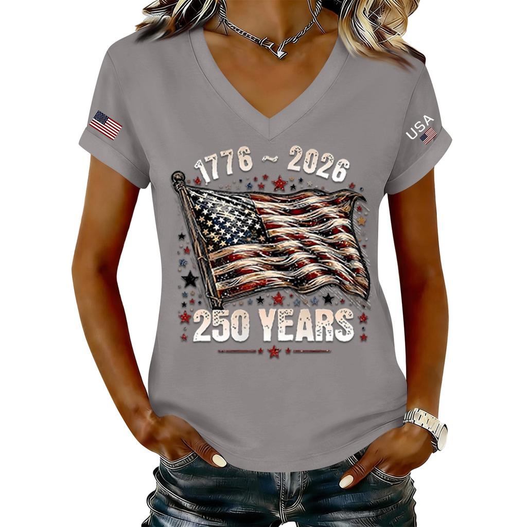 Modisches Damen-T-Shirt mit V-Ausschnitt, lässig, im Retro-Print, kurzärmelig