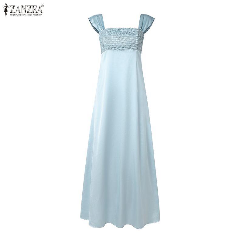 ZANZEA Women Elegant Mesh Splice Square Collar Summer Casual Sleeveless Long Dress